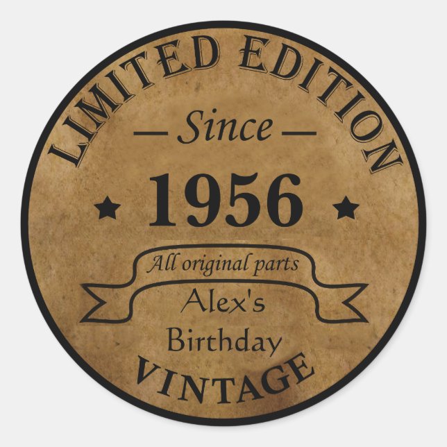 Personalised vintage 65th birthday party classic round sticker (Front)