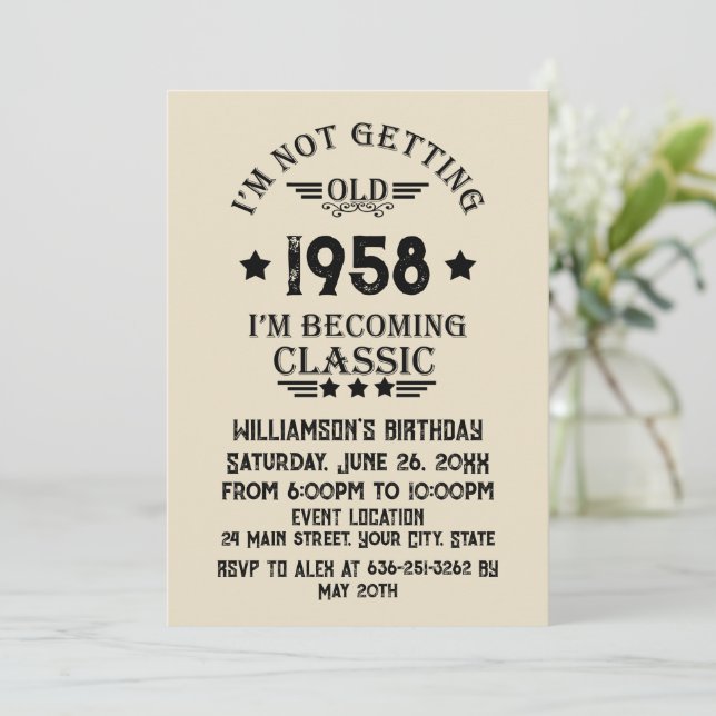 Personalised vintage 65th birthday party invitation (Standing Front)