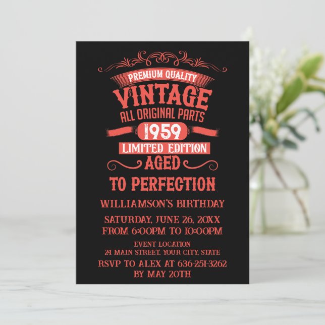 Personalised vintage 65th birthday party invitation (Standing Front)