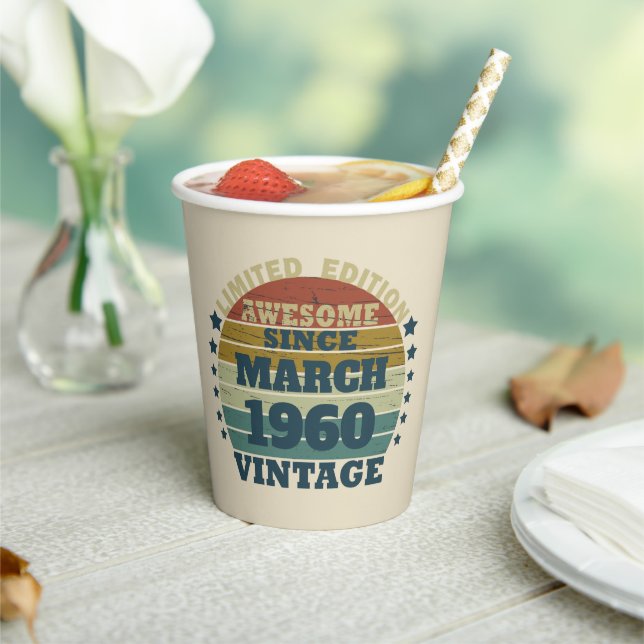 Personalised vintage 65th birthday party paper cups (Insitu)