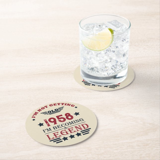 Personalised vintage 65th birthday party round paper coaster (Insitu)