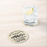 Personalised vintage 65th birthday party round paper coaster<br><div class="desc">This vintage classic graphic design with awesome typography font lettering can add originality to your wardrobe collection. It is a great gift idea for men, women, husbands, wives, grandmas, and grandpas who will love this one-of-a-kind artwork. It is the best and most funny holiday present for your happy birthday party....</div>