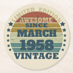 Personalised vintage 65th birthday party round paper coaster