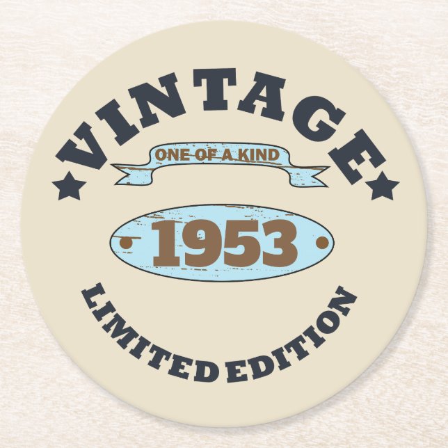 Personalised vintage 70th birthday round paper coaster (Front)