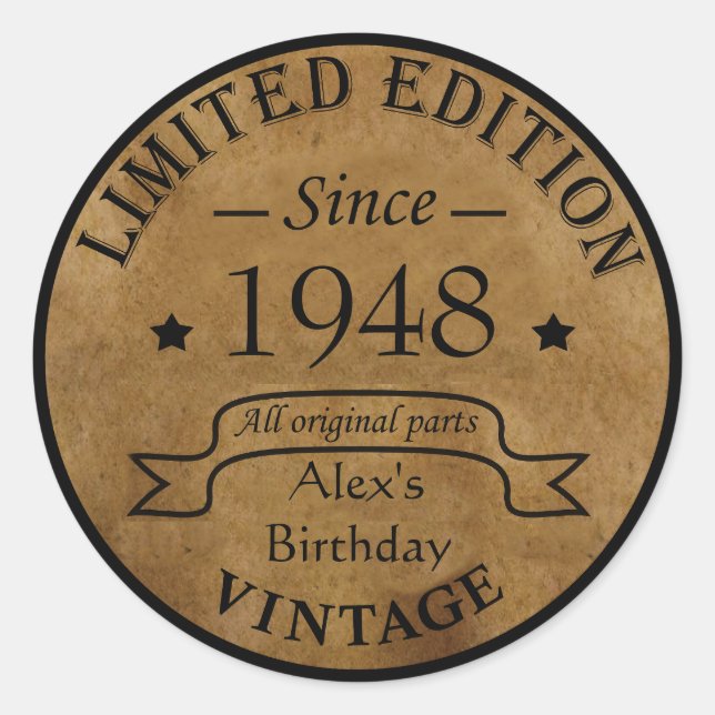 Personalised vintage 75th birthday party classic round sticker (Front)