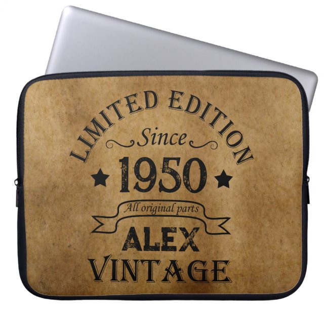 Personalised vintage 75th birthday party laptop sleeve (Front)