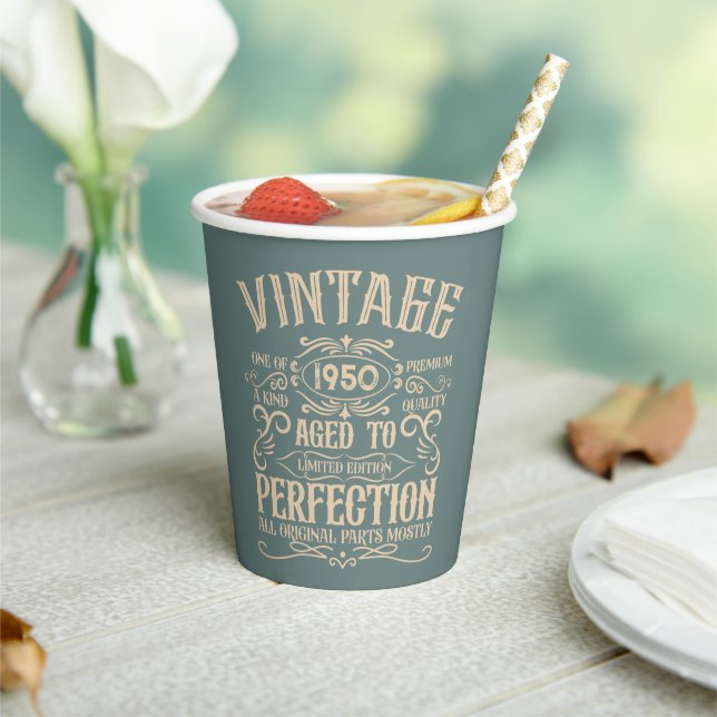 Personalised vintage 75th birthday whiskey themed paper cups (Insitu)