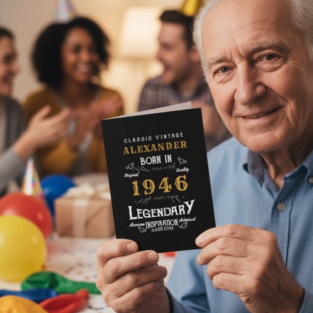 Personalised Vintage 80th Birthday For Men Or Dad Card (80th birthday 1946 greeting card held by a man. Blurred background)