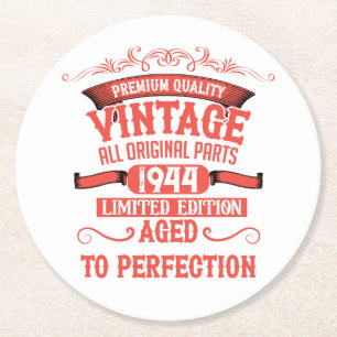 Personalised vintage 80th birthday gifts round paper coaster