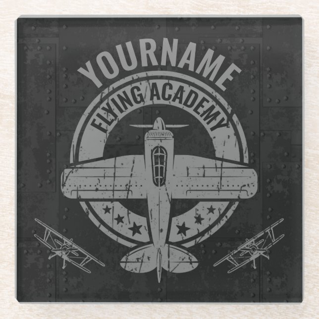 Personalised Vintage Aeroplane Pilot Flying Academ Glass Coaster (Front)
