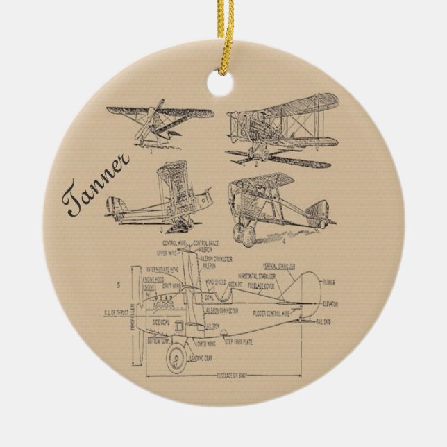 Personalised Vintage Aeroplane Sketches Ceramic Ornament (Front)