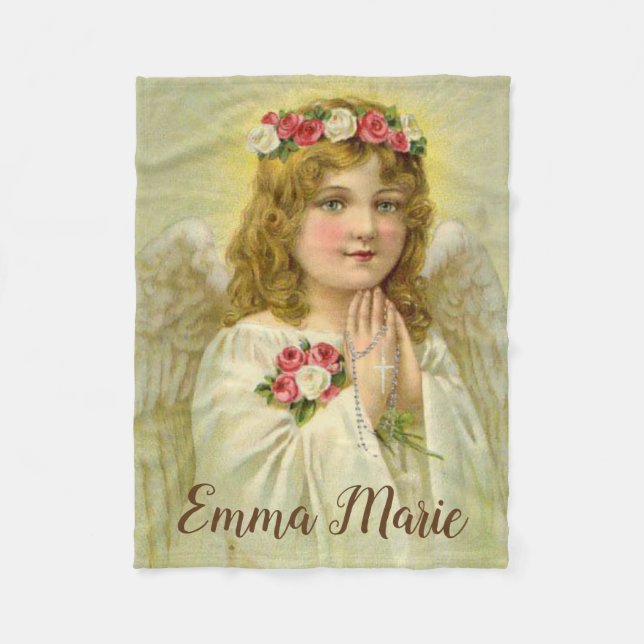 Personalised Vintage Angel praying Rosary Fleece Blanket (Front)