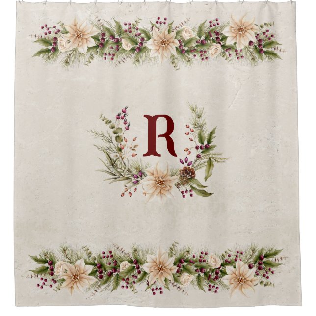 Personalised Vintage Antique White Poinsettia Shower Curtain (Front)