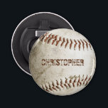 Personalised Vintage Baseball Bottle Opener<br><div class="desc">A photo of a worn baseball provides the background for this personalised bottle opener featuring a customisable name in distressed font in a shade of reddish brown that matches the stitching. Ideal for the baseball or sports fan on your gift list.</div>