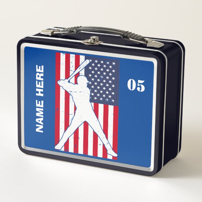Personalised Vintage Baseball Name Number Metal Lunch Box (Front)