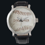 Personalised Vintage Baseball Watch<br><div class="desc">A photo of a worn baseball provides the background for this personalised watch,  featuring a customisable name in distressed font in a shade of reddish brown that matches the stitching. Ideal for the baseball or sports fan on your gift list.</div>