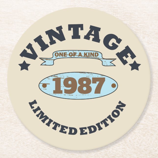 Personalised vintage birthday gift round paper coaster (Front)