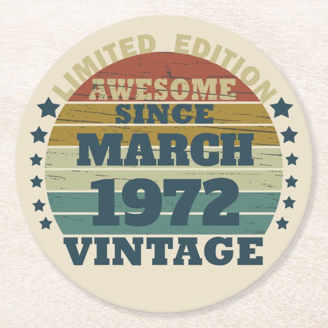 Personalised vintage birthday gift round paper coaster (Front)