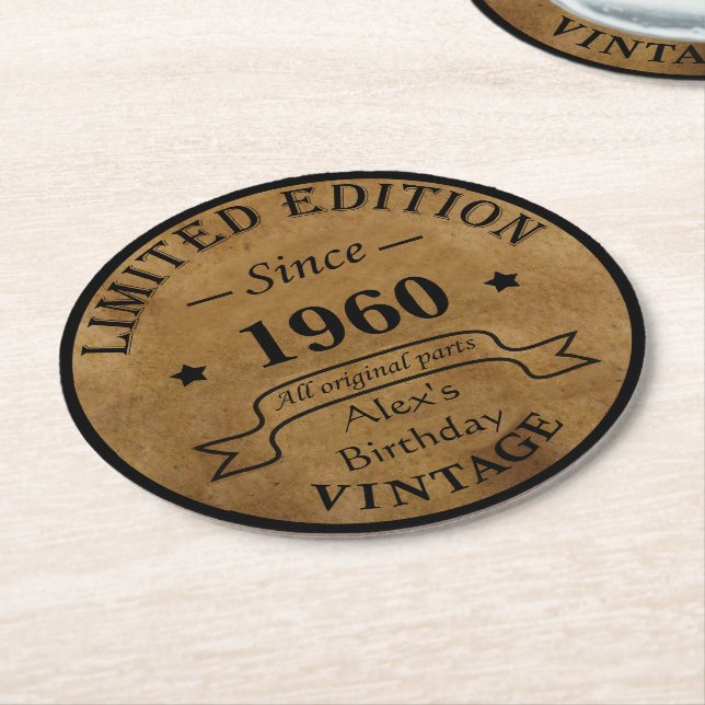 Personalised vintage birthday gifts round paper coaster (Angled)
