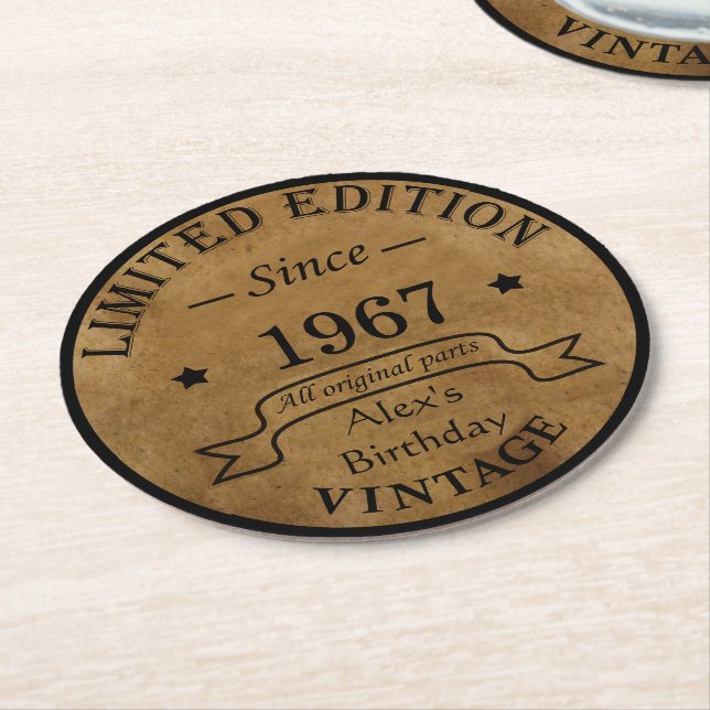Personalised vintage birthday gifts round paper coaster (Angled)