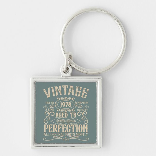 Personalised vintage birthday whiskey label themed key ring (Front)