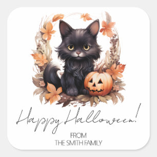 Personalised Vintage Black Cat Happy Halloween Square Sticker