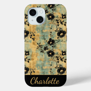 Personalised Vintage Black & Gold Floral  iPhone 15 Case
