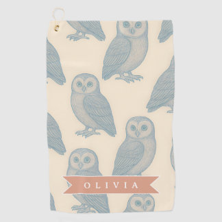 Personalised Vintage Blue Owl Woodland Cottagecore Golf Towel