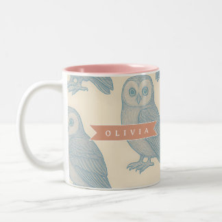Personalised Vintage Blue Owl Woodland Cottagecore Two-Tone Coffee Mug