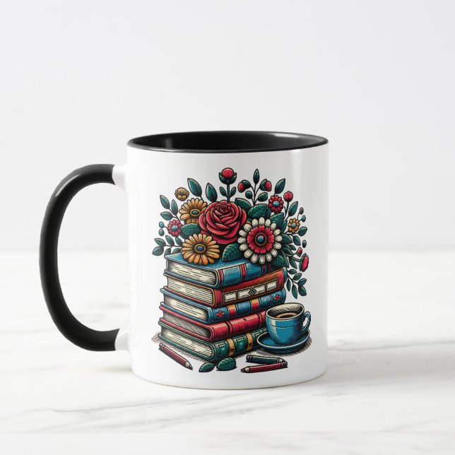 Personalised Vintage Books, Coffee and Flowers Mug (Left)
