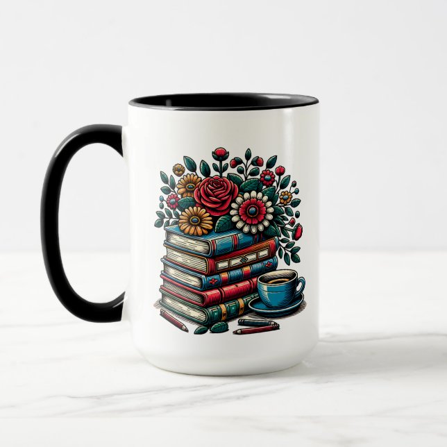 Personalised Vintage Books, Coffee and Flowers Mug (Left)