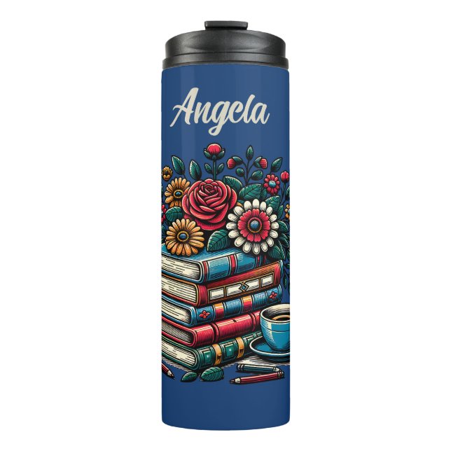 Personalised Vintage Books, Coffee and Flowers Thermal Tumbler (Front)