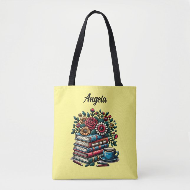 Personalised Vintage Books, Coffee and Flowers Tote Bag (Front)