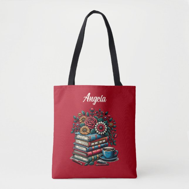 Personalised Vintage Books, Coffee and Flowers Tote Bag (Front)