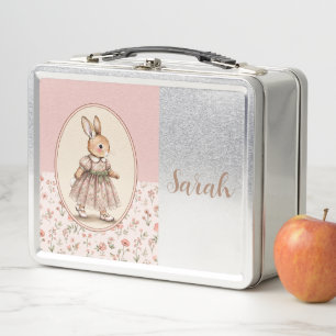 Personalised Vintage Bunny Girl Pink Lunch Box