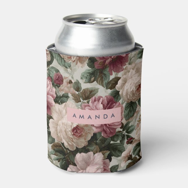 Personalised Vintage Burgundy and Garden Roses Can Cooler (Can Front)