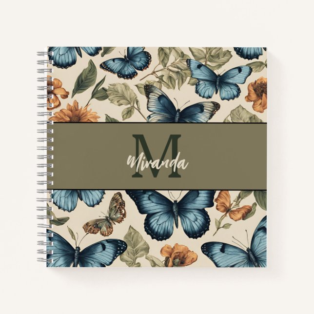 Personalised Vintage Butterfly Monogram Sketchbook Notebook (Front)