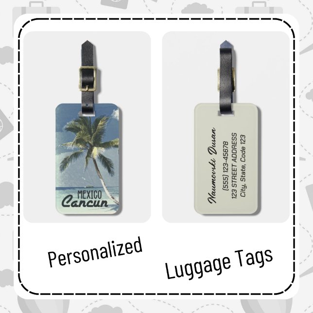 Personalised Vintage Cancun Mexico Travel Art Luggage Tag (Creator Uploaded)