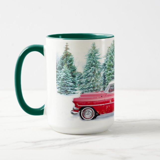 Personalised Vintage Car Winter Scene, Winter Mug (Left)