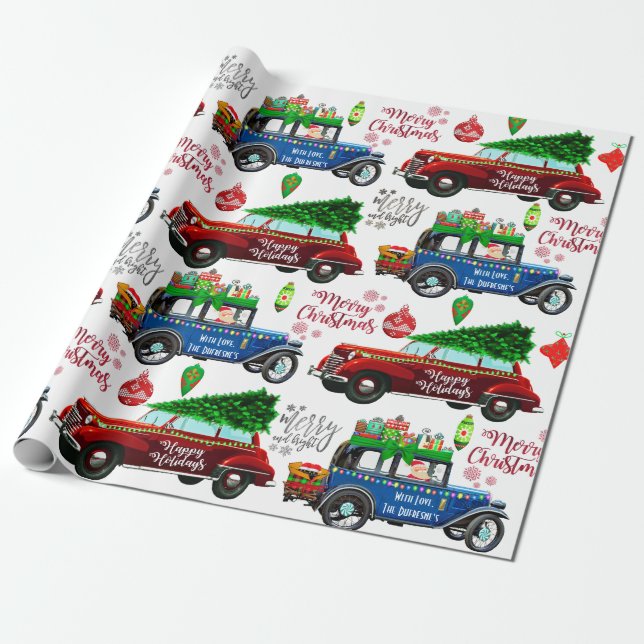 Personalised Vintage Cars Christmas Wrapping Paper (Unrolled)