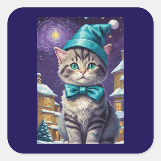 Personalised Vintage Cat Xmas  Square Sticker (Front)