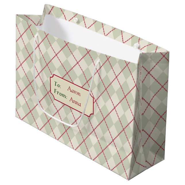 Personalised Vintage Christmas Argyle Gift Bag (Front Angled)