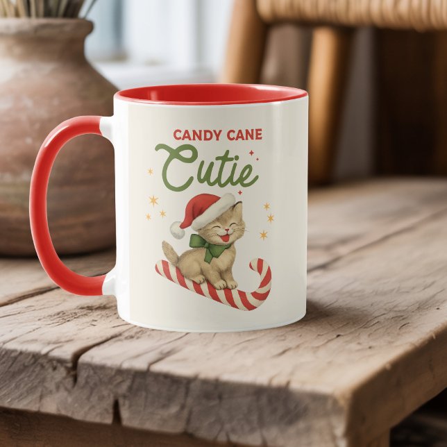 Personalised Vintage Christmas Candy Cane Cat Mug (Personalized Vintage Christmas Candy Cane Cat Mug)