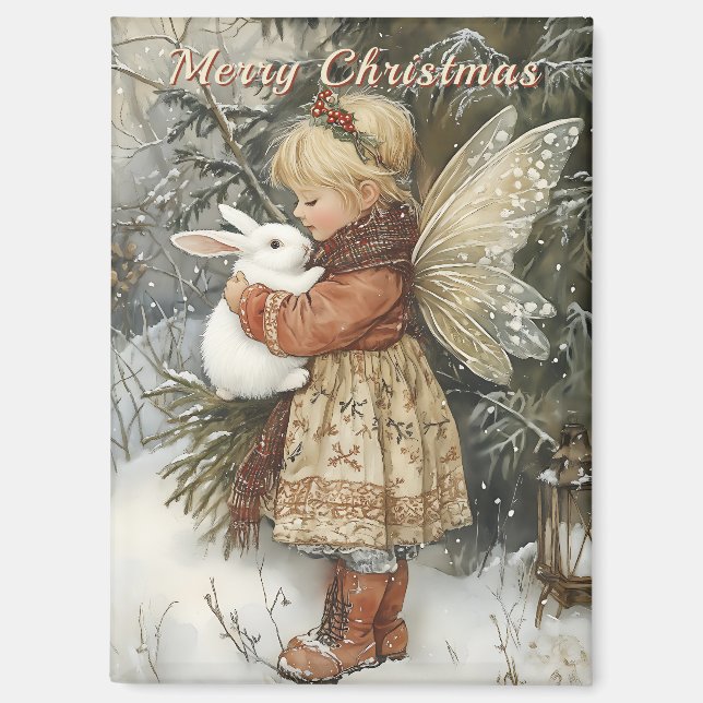 Personalised Vintage Christmas Fairy with Bunny  Magnet (Front)