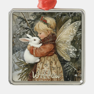 Personalised Vintage Christmas Fairy with Bunny Metal Ornament