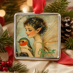 Personalised Vintage Christmas Fairy with Robin Metal Ornament