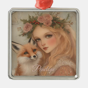 Personalised Vintage Christmas Girl & Fox Keepsake Metal Ornament