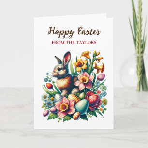 Personalised Vintage Easter Bunny and Flowers Card