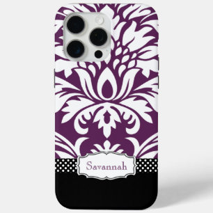 Personalised Vintage Eggplant Damask and Polka Dot iPhone 15 Pro Max Case