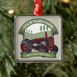 Personalised Vintage Farm Tractor Country Farmer  Metal Ornament<br><div class="desc">Personalised Vintage Farm Tractor Country Farmer Family Farm - Rolling Hills,  Harvest Fields and Trees,  Cattle Dairy Cows - Customise with your Name or Custom Text!</div>